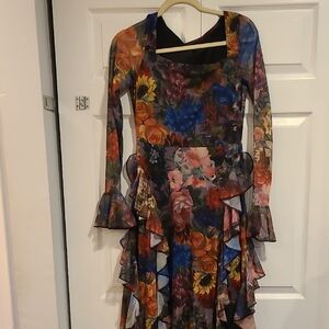 Floral Ruffle Long-Sleeve Midi Dress - Multicolor